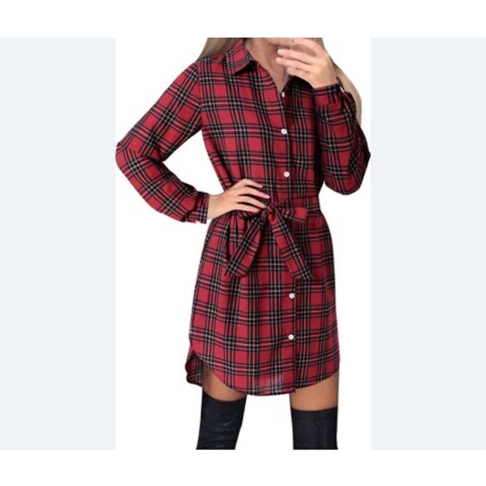 NWT Style  Dome Women's Shirt Dress Checked Long Sleeve SZ L